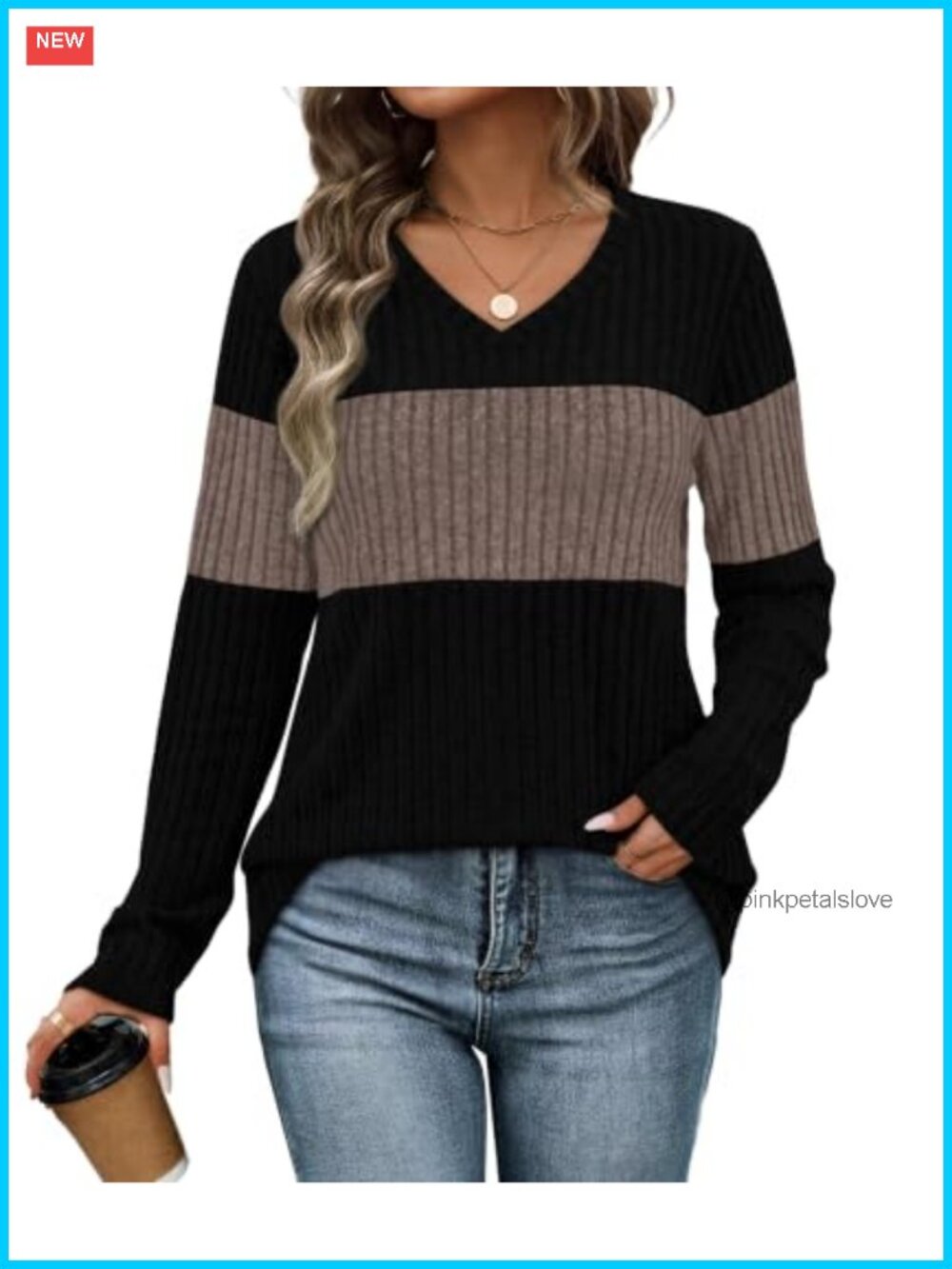 Womens V Neck Tunic Sweater Long Sleeve Color Block Top